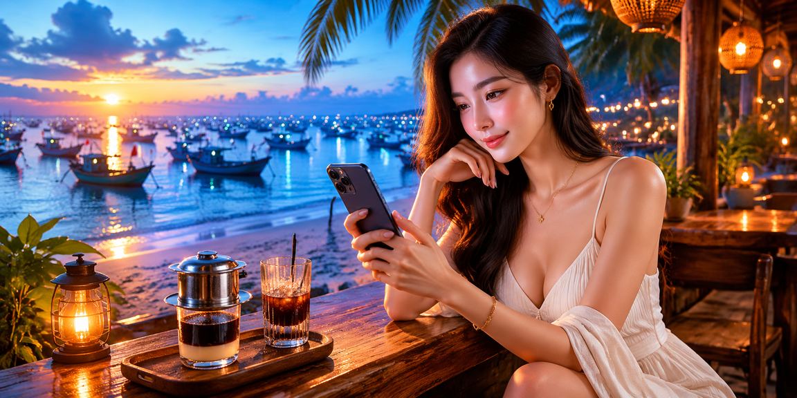 Du khách và người dân tại Mũi Né ngồi cà phê xem tỷ lệ cá cược thể thao trên điện thoại