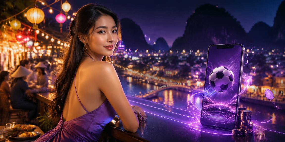 Cảnh chợ đêm Ninh Bình với người dùng theo dõi kèo bóng đá trên điện thoại